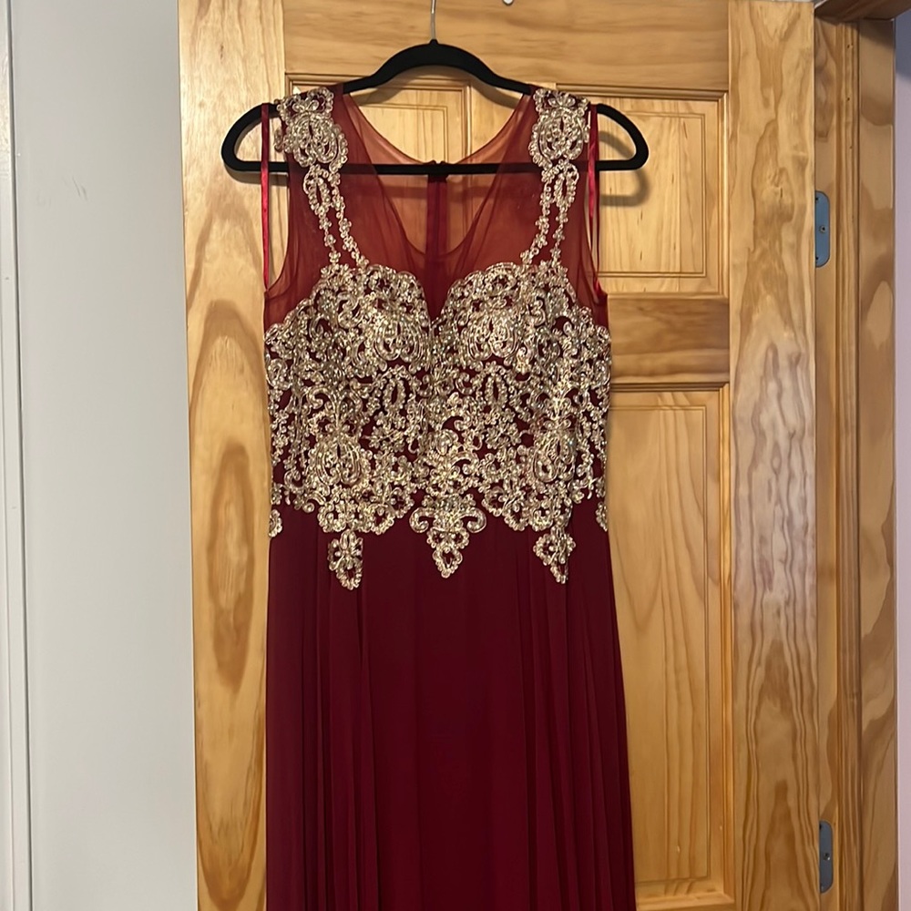 Burgundy and Gold Embellished Long Evening Gown Prom Dress